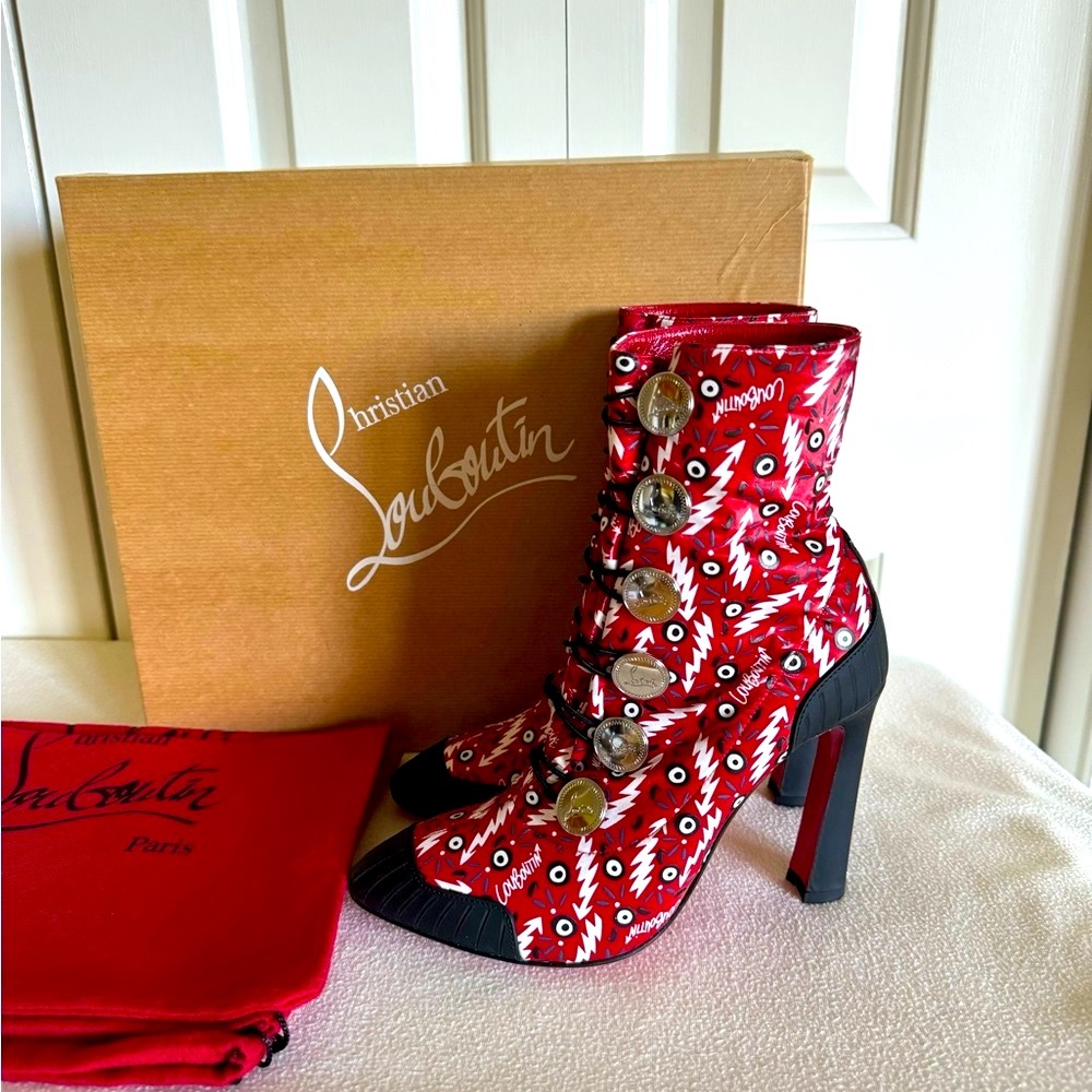 CHRISTIAN LOUBOUTIN DOUDOUNE Multicolor Fabric Booties 6/36 Mint